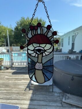 Handmade Blue and Red Stained Glass Sun and Eye Hanging Art
